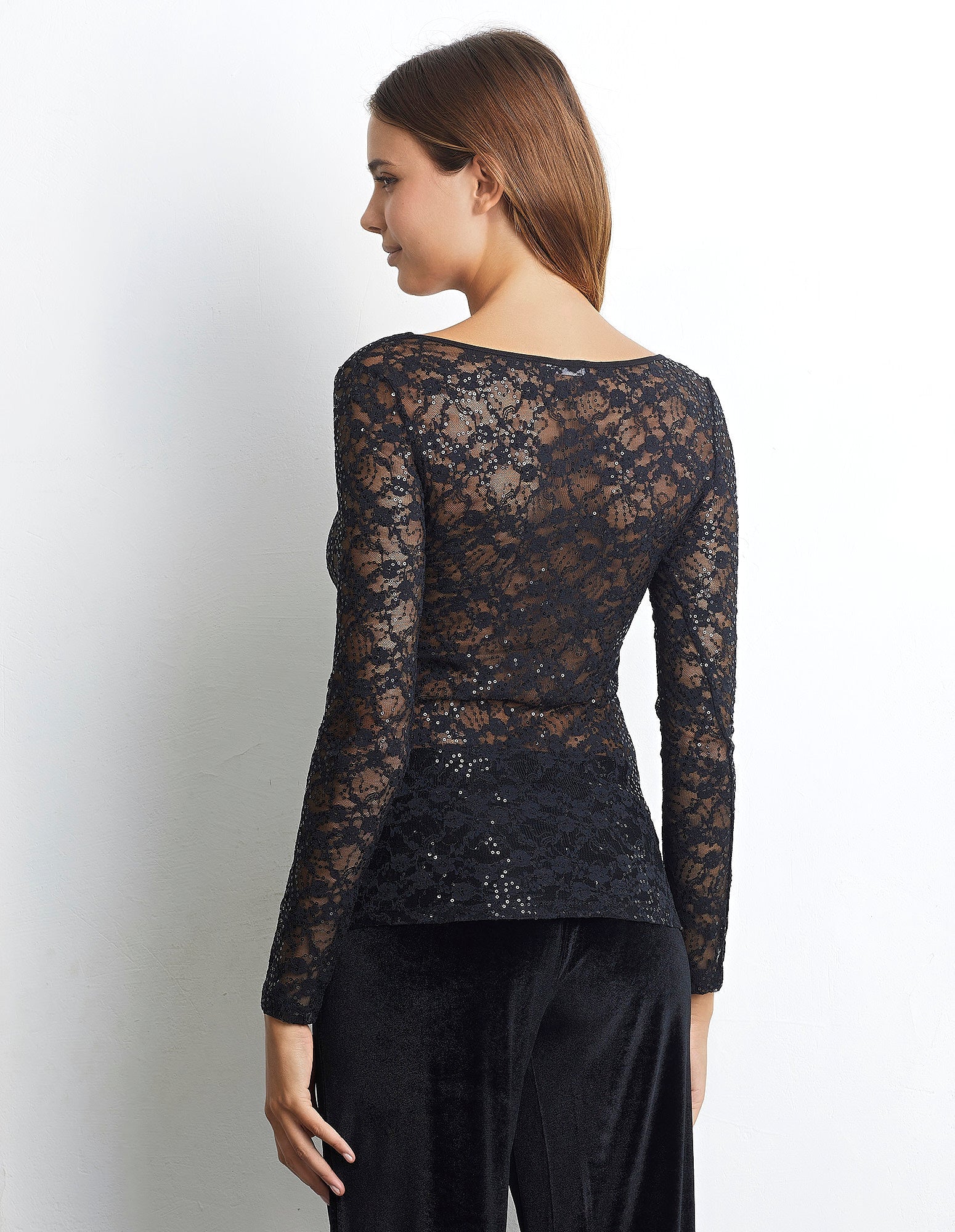 Maglia manica lunga in pizzo con paillettes Sparkling Lace