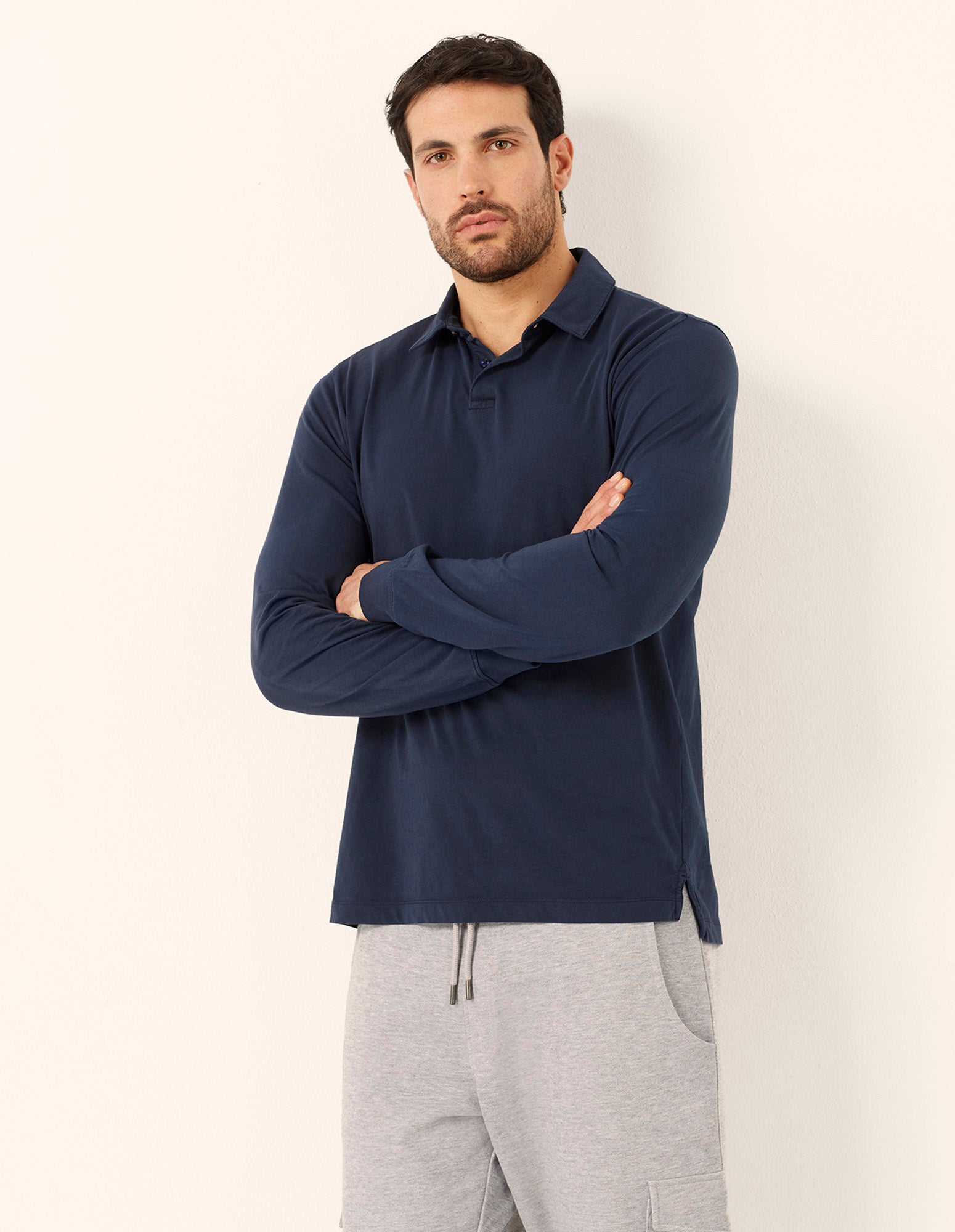 Maglia manica lunga taglio polo in cotone Washed Cotton