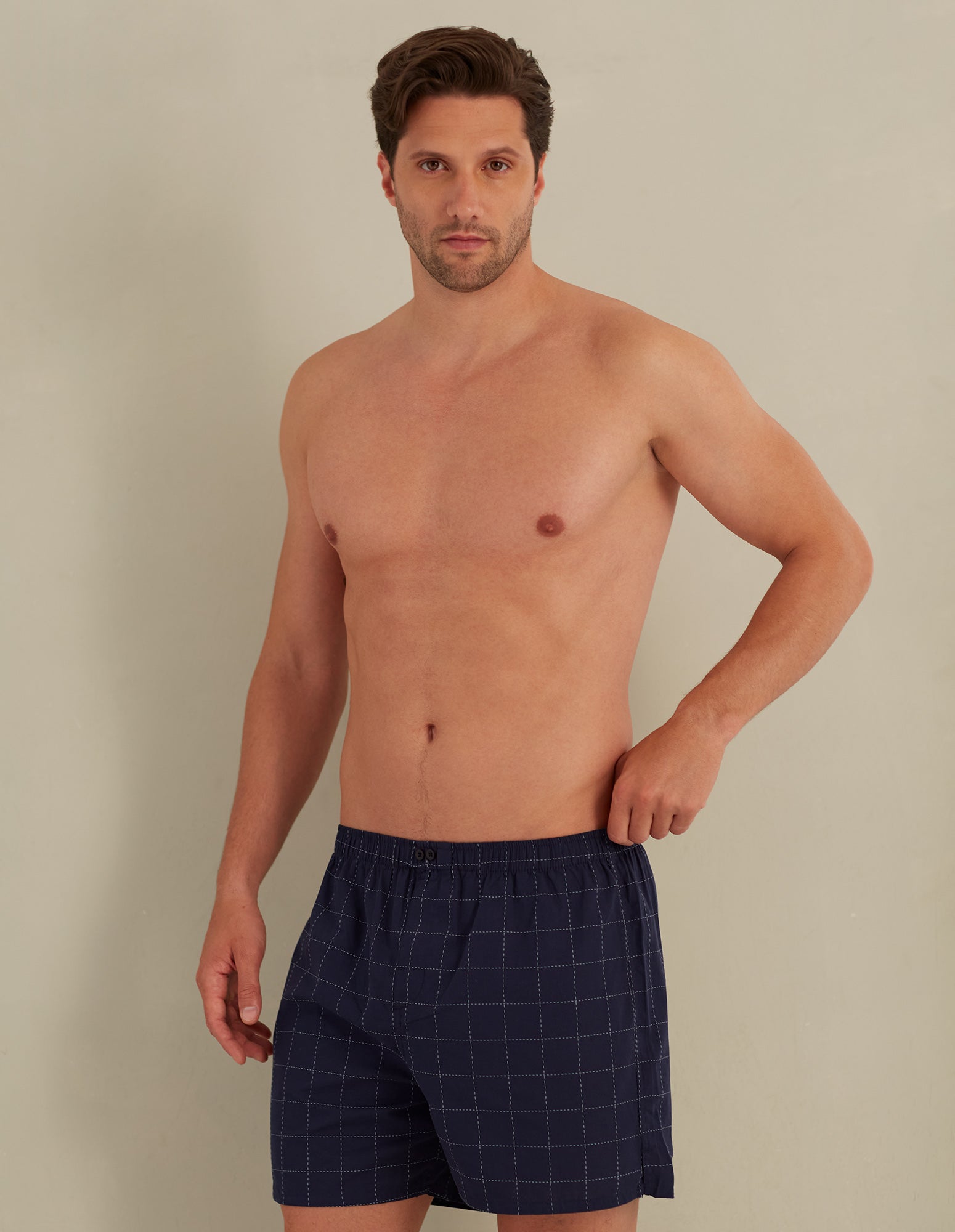 Boxer lungo in tela di cotone con stampa a quadri blu Daily