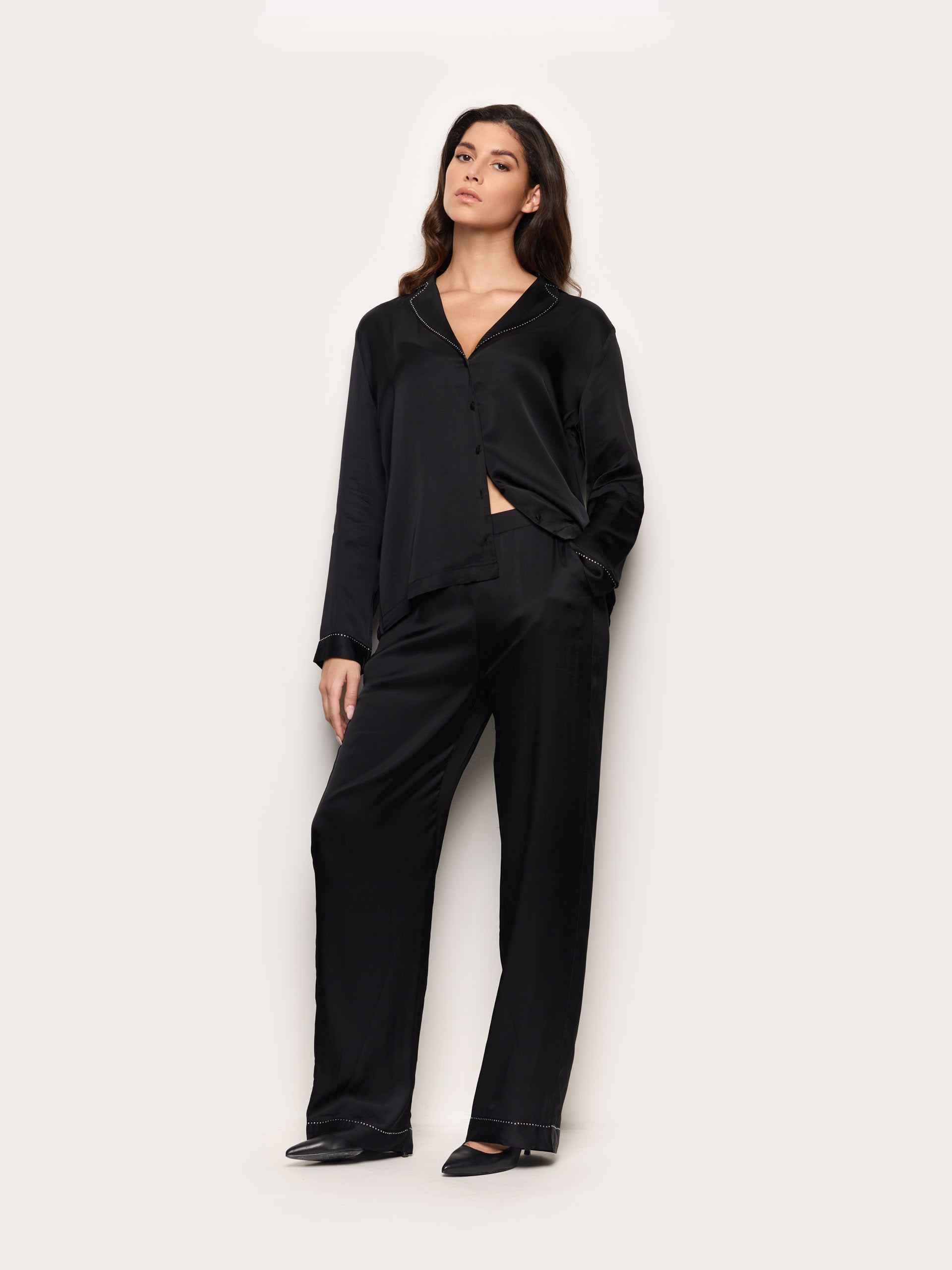 Pantalone in raso di viscosa con dettagli strass Bright Satin