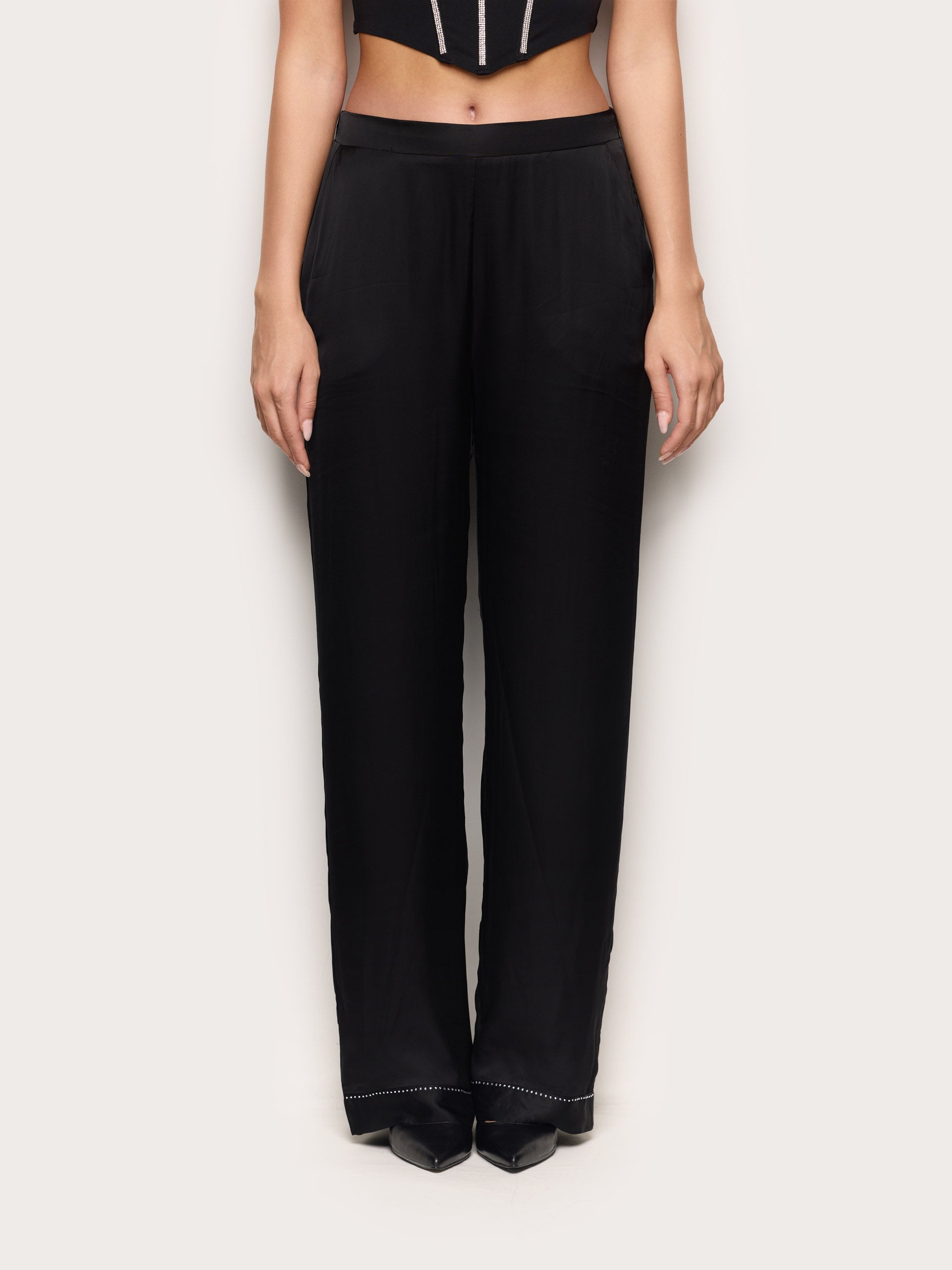 Pantalone in raso di viscosa con dettagli strass Bright Satin