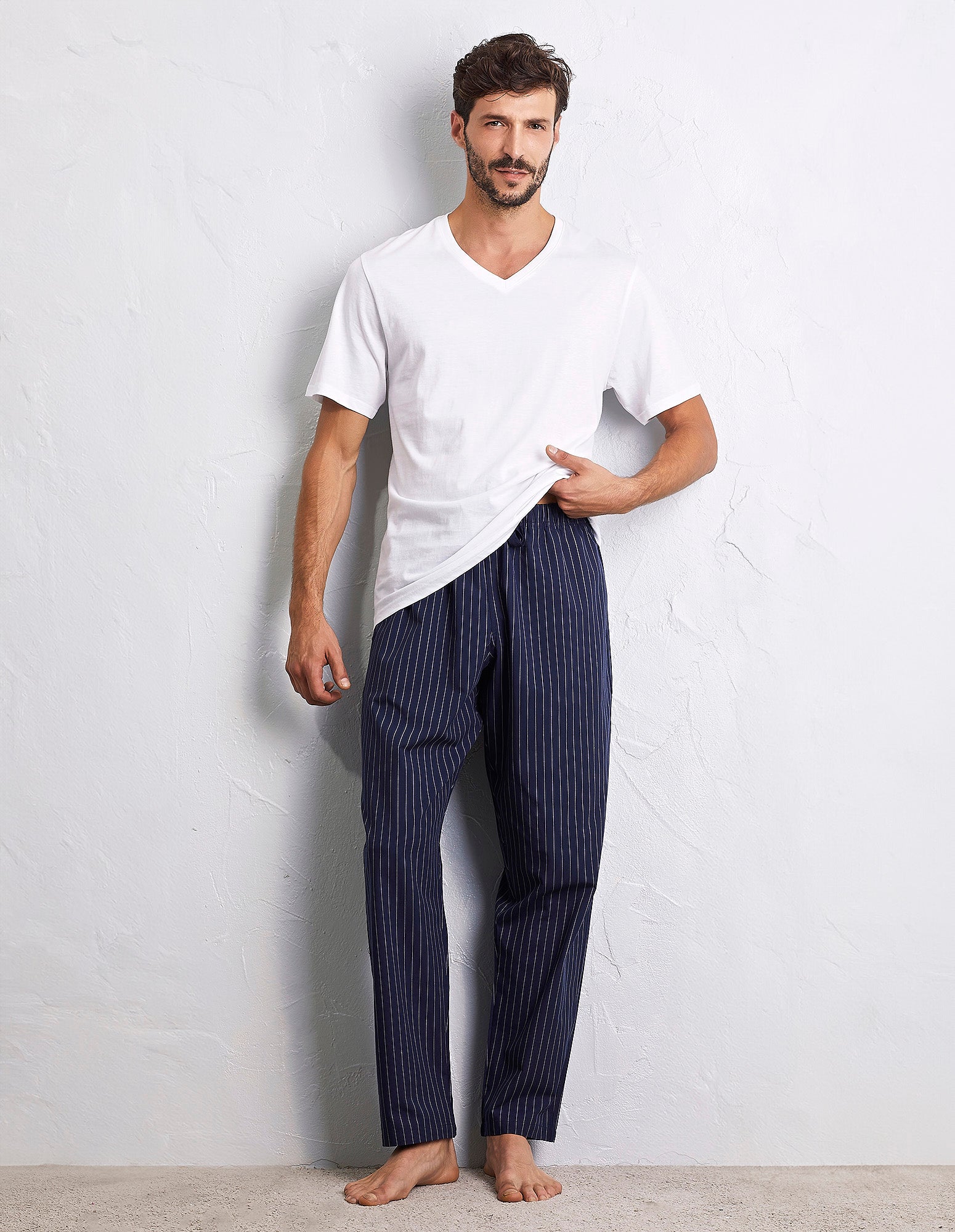 Pantalone lungo in tela tinto filo regolabile in vita in cotone Mix & Match