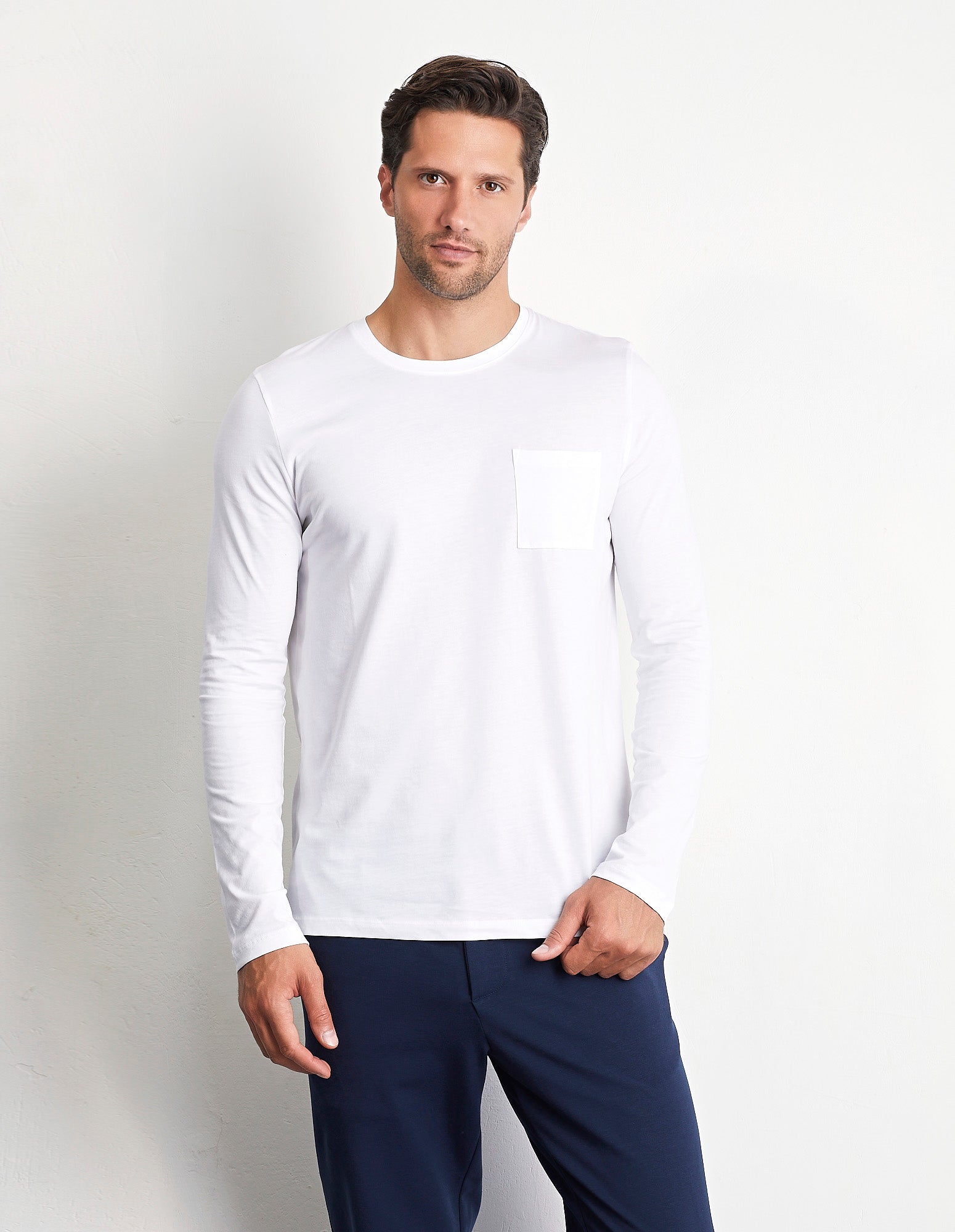 Maglia manica lunga girocollo con taschino in cotone Supima Luxury